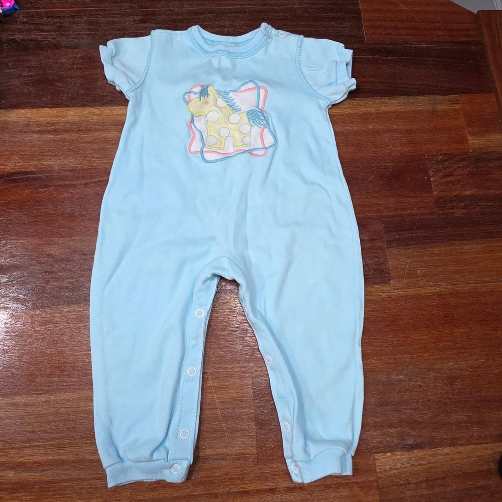 Vintage Babygro Blue Cotton Pony Embroidered‎ Romper 6-9 Months Short Sleeved